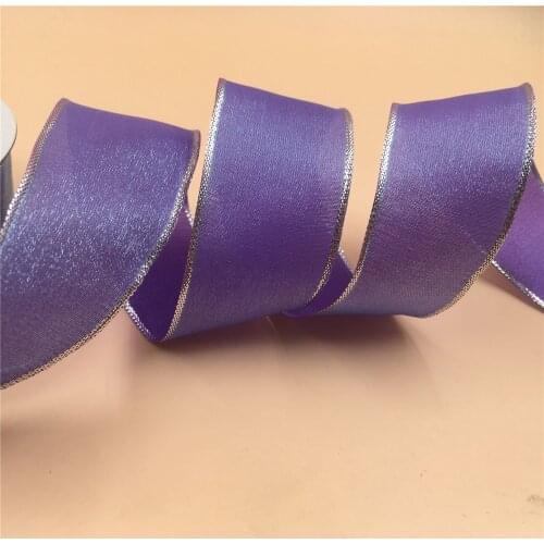 38mm X 25yards Silver Lurex Wired Edge Purple Organza Sheer Ribbon. Gift Bow,Wedding,Cake Wrap,Tree Decoration,Wreath N1079