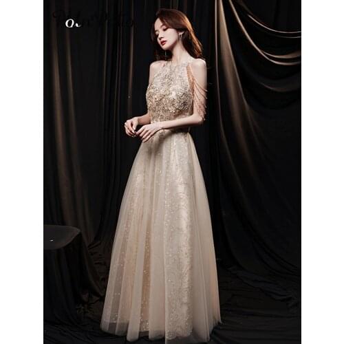 Sexy Halter Evening Dresses 2021 Elegant Beads Tassel Appliques A-line Floor-length Long Prom Gowns