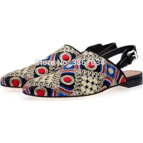 SHOOEGLE Chaussure Homme Men Patchwork Embroidered Flats Back Strap Slippers Ethnic Printed Loafers Casual Shoes Men Top Quality