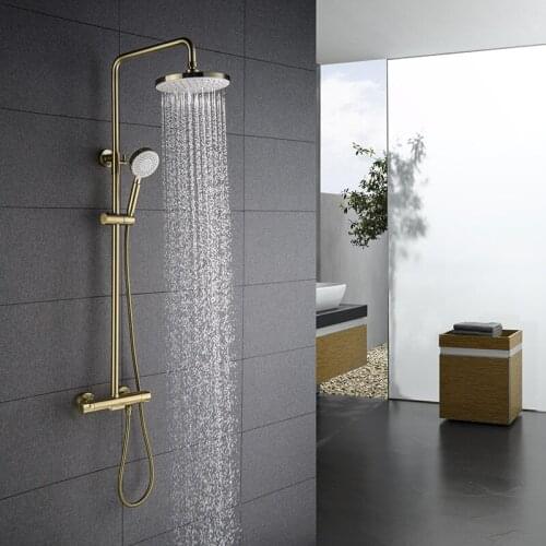 Brushed Gold Color Bathroom Thermostatic Control Shower Faucet Set Wall Mounted Round Design Rain Shower Head Brass Material