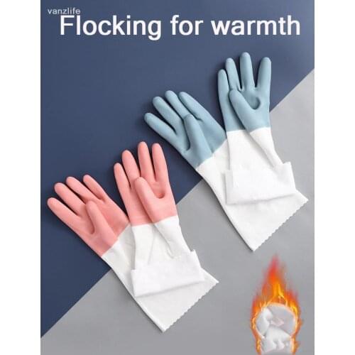 Thickened one-piece velvet warm dishwashing gloves Durable waterproof color matching housework cleaning rubber gloves