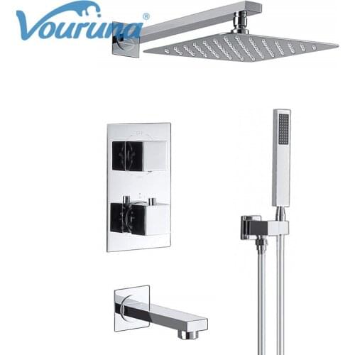 VOURUNA Thermostatic Shower System Wall Mounted Btahroom Shower Set With Tub Faucet Spout and 10" Rain Shower Head Polish Chrome