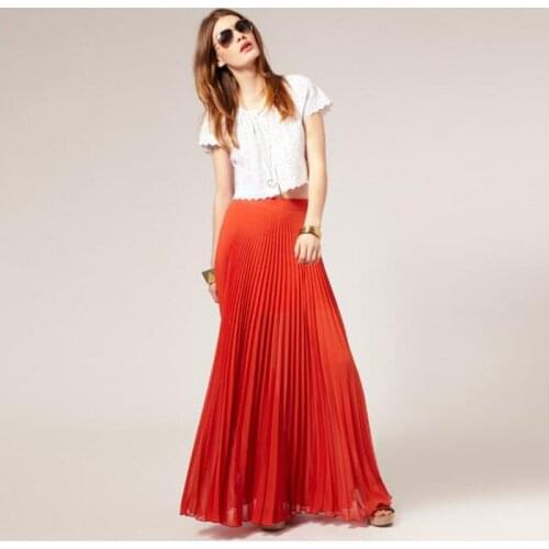 Pretty Red High Waist Pleated Chiffon Maxi Skirt Zipper Style A Line Floor Length Fashion Women Skirt Custom Made Any Size Free