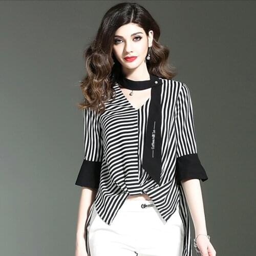 Womens Spring Autumn Style Chiffon Blouses Shirts Womens Half Sleeve V-neck Striped Lace Up Korean Tops SP572