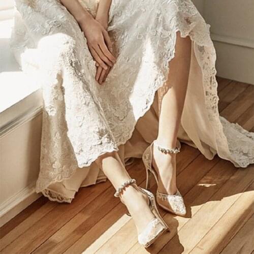 Spring 2021 new buckle stiletto sandals small size bridal dress wedding shoes lace pointed toe large size single shoes women