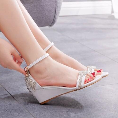 Crystal Queen Women Summer Ladies Wedge High Heels White Rhinestone Comfortable Wedding Shoes Open Toe Sandals