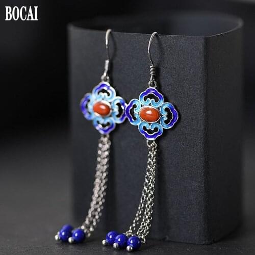 New S925 pure silver earrings for women fashionable new cloisonne women earrings Thai silver lapis lazuli tassel silver earrings