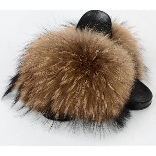 2020 Womens real fur slippers raccoon Furry Fox slipper fur slides Cute Ladies Cute Plush Sandals Flat Fluffy Shoes for Women