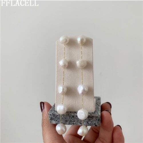 FFLACELL Korea NEW S925 Retro Long Tassel Irregular Natural Pearl Dangle Drop Earrings for Women Party Wedding Jewelry Gifts