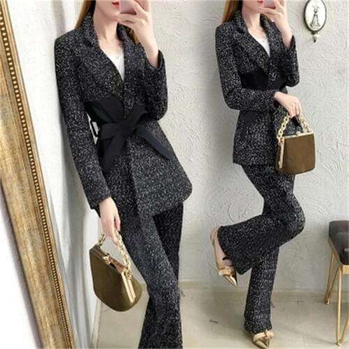 Women Pant Suits Spring wool suit suit spring and autumn New womens fashion high-end suit + wide leg pants two sets