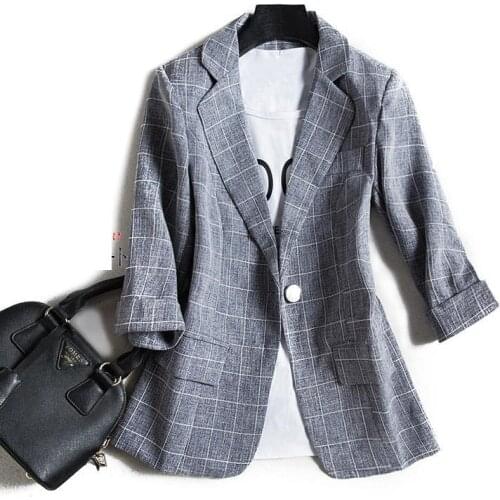 2021 Spring Fashion Women Autumn Coat Seven Sleeve Plaid Suit Jacket Notched Pink Blue Blazer Feminino Plus Size Designer Coats