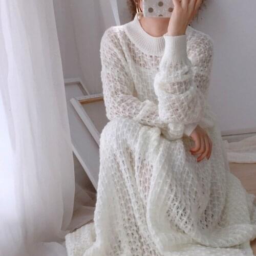New Sweater Suit Skirt White Kawaii Loose Hollow Knitted Two-Piece Knitted 2 Pieces Set 2021 Women Office Lady Pullovers Sweater