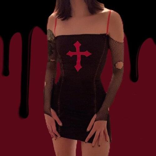 Gothblack Sexy Women Vintage Cross Printed Slim Dress Fashion Bodycon Sleeveless Split Mini Dress Streetwear Casual Club Outfits