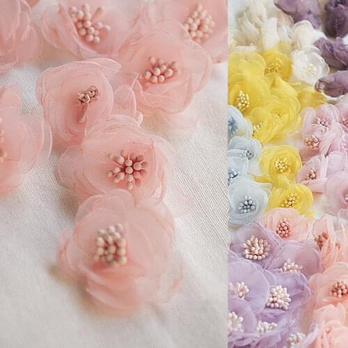 10PCS/Lot Handmade Baby Clothes Organza 3D Small Flower Bud Mini Flowers Dress Headwear Earring Hat Bag DIY Decoration RS3126