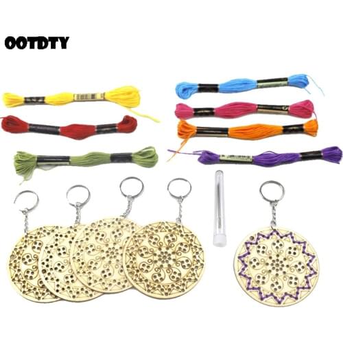 Wooden Cross Stitch Round Embroidery Keychain Ring with Wool Thread DIY Craft Kit Clothing Bag Decor for Adult Kids Beginner