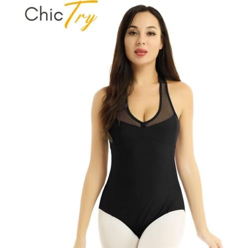 ChicTry Adult Sleeveless Dancewear V-neck Racerback Mesh Splice Gymnastics Leotard for Women Ballet Dress Bodysuit Dance Costume
