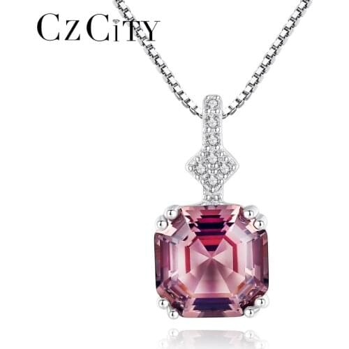 CZCITY Genuine Smoke/White Emerald Cut Morgan Stone Topaz Pendant Necklace For Women Sterling Silver 925 Fine Jewelry Box Chain