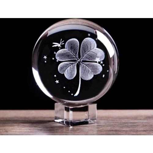 3D Laser Engraved Four-Leaf Clover Crystal Ball Feng Shui Home Decor Figurines Accessories Miniature Glass Marbles Sphere Crafts