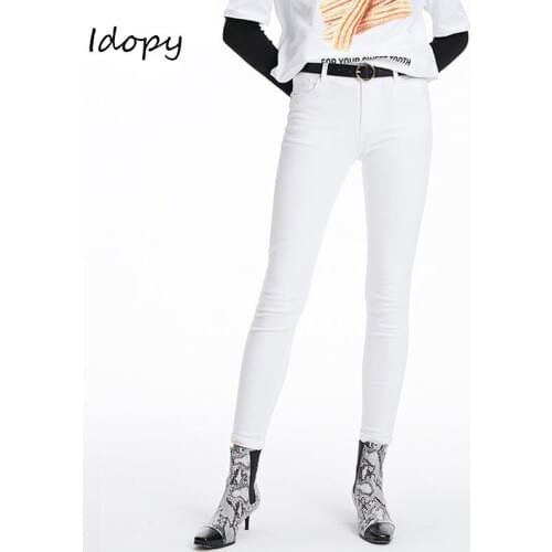 Idopy Fashion Womens Strech White Jeans Korean Style Skinny Pencil Pants Casual Denim Trousers For Female