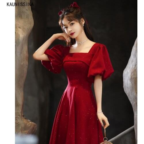 KAUNISSINA Cocktail Dresses Puff Sleeve A-Line Party Gowns Square Collar Glitter Medium Homecoming Robe Women Prom Vestidos