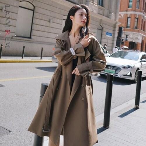 LANMREM 2021 Winter And Autumn New Korean Windbreaker Women Coat Mid-length Long-sleeved Loose Lace Up Waist Jacket 2W217