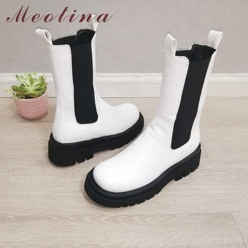 Meotina Women Chelsea Boots Shoes Round Toe Platform Block Heels Mid-Calf Boots Slip On Fashion Ladies Boots Autumn Winter 42 43