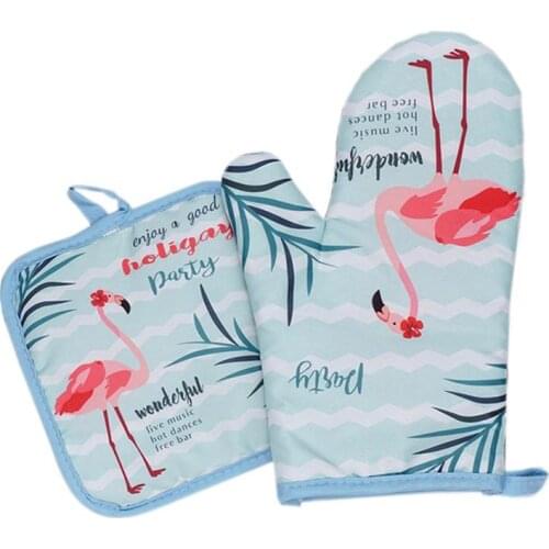 Flamingo Pattern Microwave Gloves Insulated Pad Cotton High Temperature Resistant Oven Gloves Pot Holder Kitchen Cooking Tool