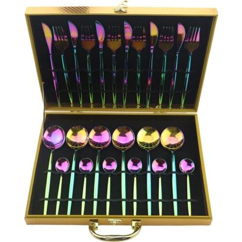 24Pcs 304 Stainless Steel Dinnerware Set Rainbow Silverware Tableware Set Knife Fork Spoon Tea Spoon Cutlery With Gift Box