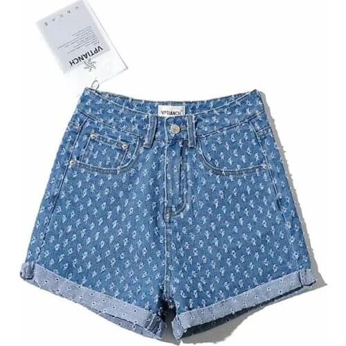 2021 Denim Shorts New High Waisted curly little bee cut and slim short wide leg hot pants ripped jeans for women