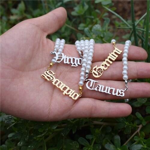 12 Zodiac Necklace For Women Imitation Pearl Necklace Gold Gemini Aries Aquarius Letter Choker Necklaces BFF Bridesmaid Gift