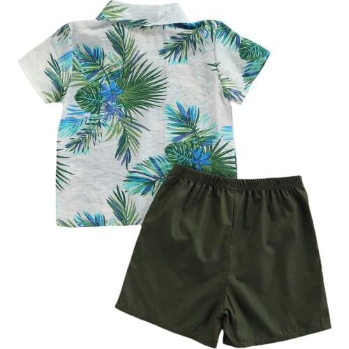 3-7Years Boys Casual Two-piece Clothes Set Leaves Printed Pattern Short Sleeve Turn-down Collar Tops and Solid Color Shorts