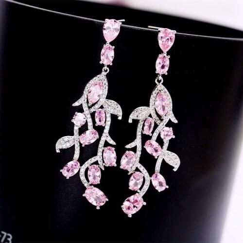 Luxury Jewelry Pink Zirconia Leaf Earrings For Women Design Sweet Romantic Wedding Dangle Jewellry Statement Long Stud Earring