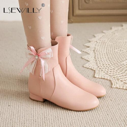 Lsewilly Womens Autumn Fashion 2021 High Heel Boots Pink White Black Bowtie Lovely Lolita Ladies Party Wedding Shoes Size 28-48
