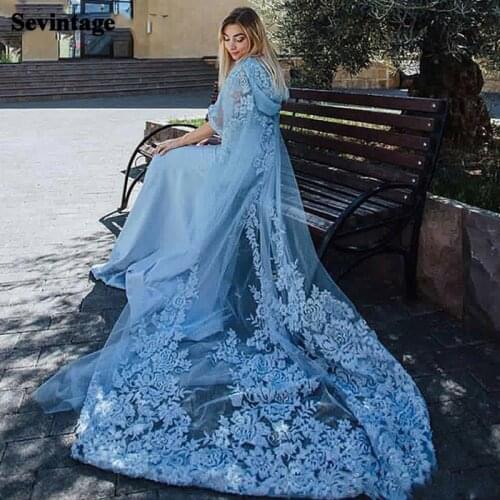 Sevintage Appliques Lace Muslim Evening Dress with Jacket 2 Pieces Arabic Dubai Prom Gowns Soft Satin Tulle Red Carpet Gown