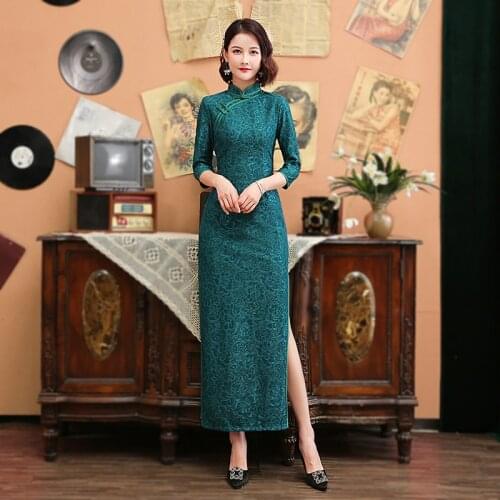 Sheng Coco Ladies Long Evening Lace Chinese Cheongsam Dress Long Sleeve Qipao Chinese Wedding Dress 4xl Plus Size Women Clothes