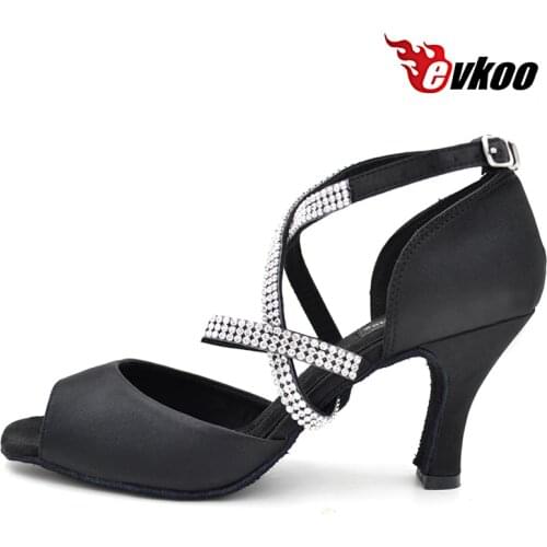 Evkoodance Comfortable Dancing Shoes free shipping Crystal Strap Black Satin Latin Dance Shoes For Lady 8cm High Heel Evkoo-071