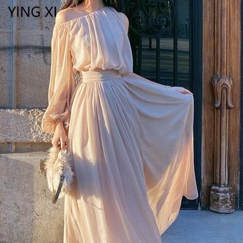 YINGXI 2020 Spring And Summer Bright Silk Wrinkle Asymmetric Long Style Dress Apricot Waist-Controlled Back Zipper Dress
