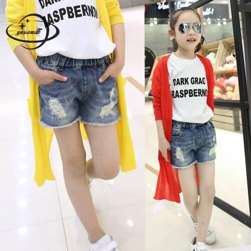 Yauamdb Kids Shorts Summer 6-15y Denim Girls Hot Short Pants Jeans Hole Solid Elastic Casual Childrens Trousers Clothes Ly26