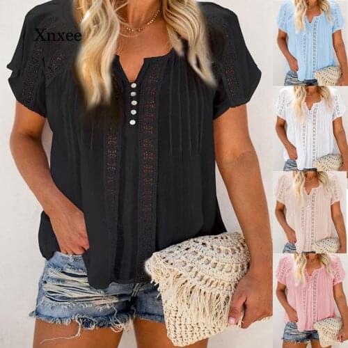 Women Summer Boho Solid V-Neck Top Hollow Short Sleeved T-Shirt Casual Fashion Women Blous Plus Size Beach Tee Pullover Clothing