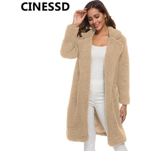 CINESSD Women Autumn Winter Parkas Coat Turn Down Collar Long Sleeves Navy Blue Casual Cardigan Lamb Wool Midi-Length Jackets