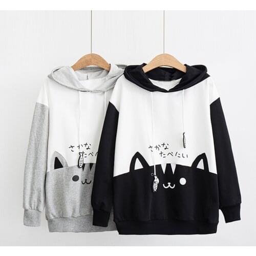 Kawaii A Cat Cap Women Hoodies Long Sleeve Cute Kitty Print Harajuku Sweatshirt With Pocket Loose Thin Pullover Hoodie A40
