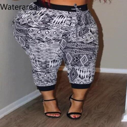 2019 Summer Plus Size Women Black With White Print High Waist Bodycon Pencil Long Pants Office Lady Pants OMFDM063