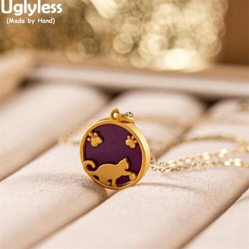Uglyless Paws Prints of Animals Kitty Cats Necklaces No Chains Purple Mica Pendants for Women Real Gold 925 Silver Gifts Jewelry