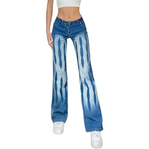 2021 Fashion Womens Straight Leg Jeans Fashion Mid Waist Abstract Print Washed Relaxed Fit Denim Pants