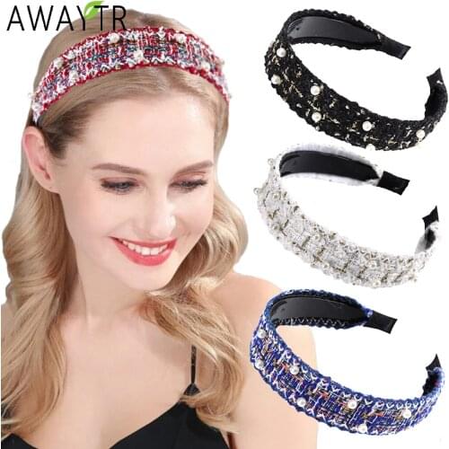 AWAYTR New Pearl Headband Knot Hair Hoop Head Bands Women Bohemia Bow Wide Hairbands Cotton Fabric Girls Turban Hair Accessorie