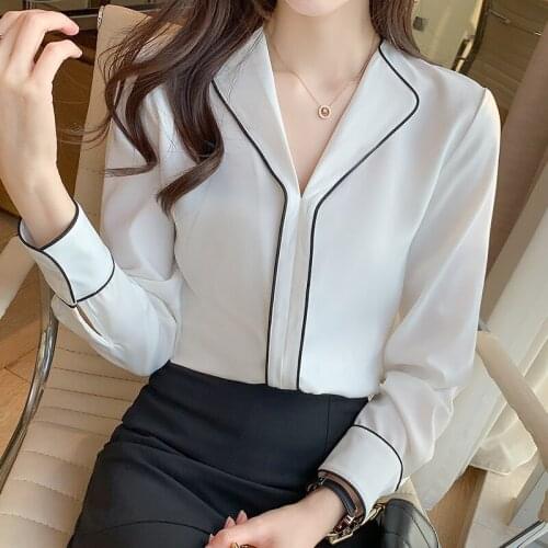 2021 Autumn French Blusas Shirt Female White Chiffon V-neck Solid Women Long-sleeved Blouses Shirts Casual Shirts Ladies 1055