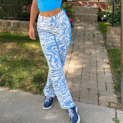 Zebra Print Casual High Waist Pants Women Fashion Skinny Long Trousers Ladies Blue Straight Sweatpants Streetwear Y2k Pants
