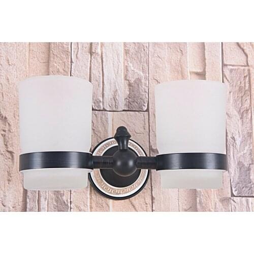 Black Oil Rubbed Brass Double Toothbrush Holder With Glass Cup Wall Mounted Bathroom Accessories aba709