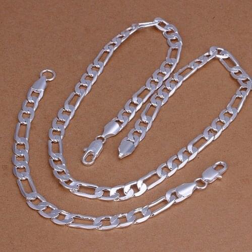 Silver color Christmas gifts fashion , charm nice men Women 8MM Figaro chain necklace bracelets charm jewelry sets S169