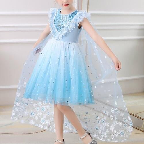 Kids Dresses For Girls Sequined Mesh Cloak Birthday Party Clothes Ice Snow Princess Girls Dress Childrens Tutu Dress B25A
